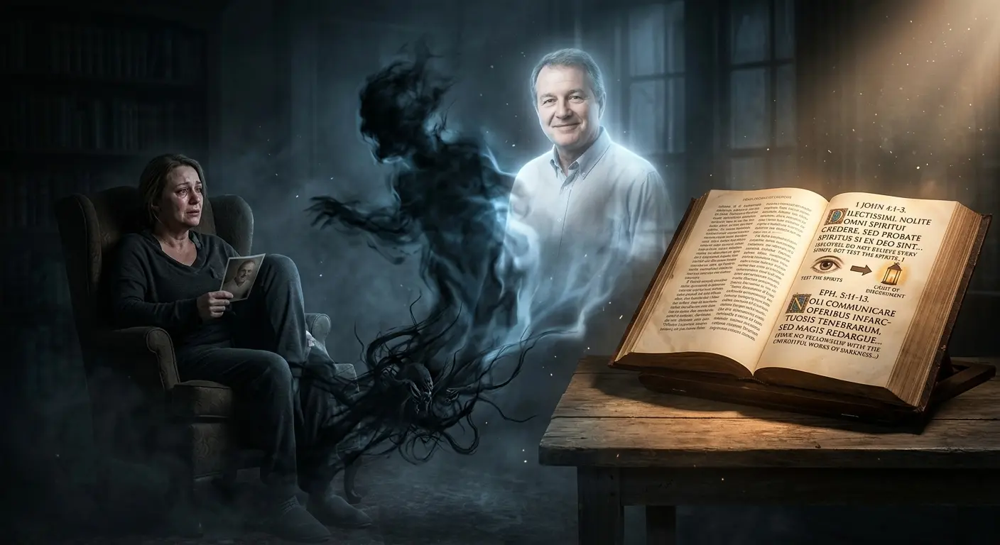 A dark, moody atmosphere where a shadowy deceptive spirit manifests as a familiar, glowing figure of a passed loved one in front of a grieving person, contrasted against a glowing open Bible emphasizing spiritual discernment.