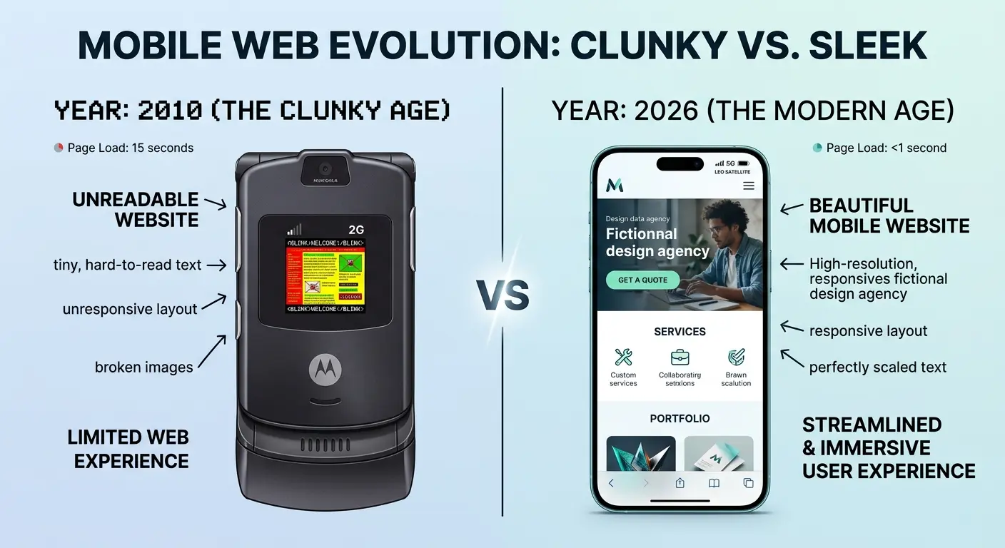 A split-screen graphic. On the left, an old, clunky flip phone displaying a tiny, unreadable website (labeled "2010"). On the right, a sleek modern smartphone displaying a crisp, clean, beautiful mobile website (labeled "2026").