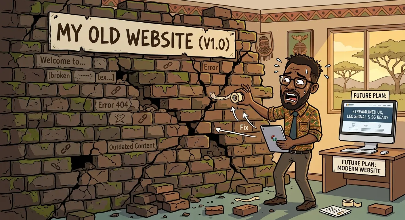A humorous vector illustration of an exasperated business owner trying to fix a giant, crumbling brick wall (representing their old website) with a single roll of sticky tape.