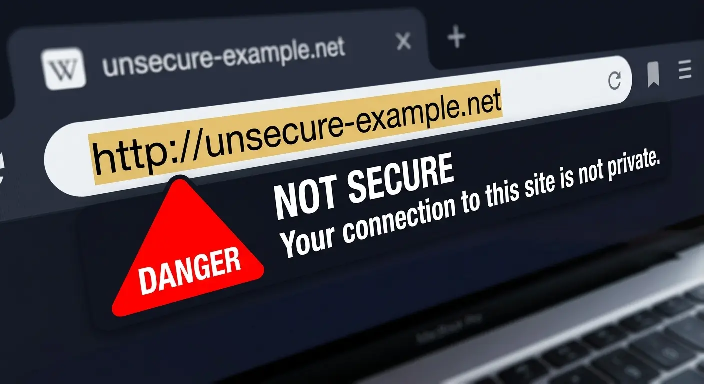 A close-up of an internet browser address bar. The URL is highlighted, and right next to it is a glaring red warning triangle that says "Not Secure - Your connection to this site is not private."