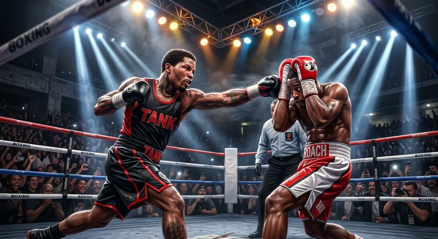 A dramatic action photo inside a dimly lit boxing arena. Gervonta "Tank" Davis mid-throw with a heavy left hook, while Lamont Roach slips slickly underneath with his high guard up under intense ring lights.