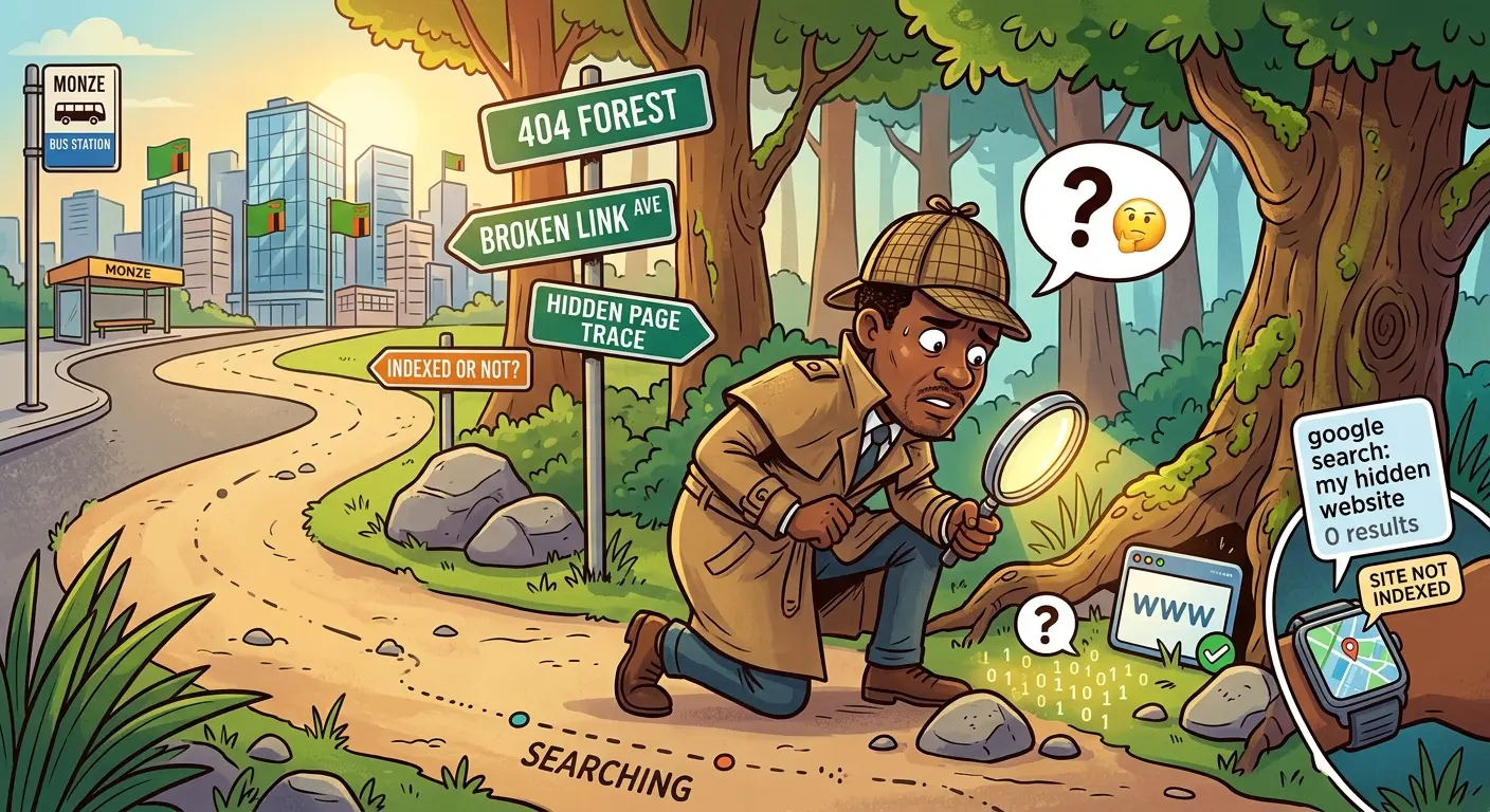 A humorous vector illustration showing a confused detective with a magnifying glass searching under rocks, trees, and street signs for a hidden website icon, representing a site that hasn't been indexed by Google.