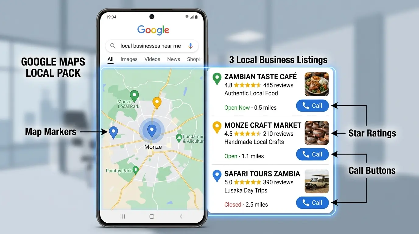 A clear UI graphic illustrating a Google Search result page on a mobile device, highlighting the "Google Maps Pack" section at the top with three local business listings, map markers, star ratings, and "Call" buttons.