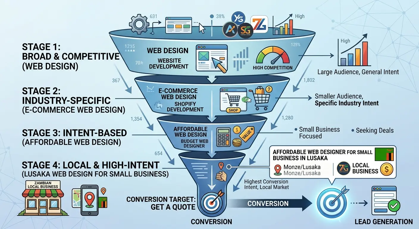 A diagram showing the keyword funnel. Broad, competitive terms ("Web Design") at the top, narrowing down to local, high-intent terms ("Affordable web designer for small business in Lusaka") at the bottom, pointing toward a conversion target.
