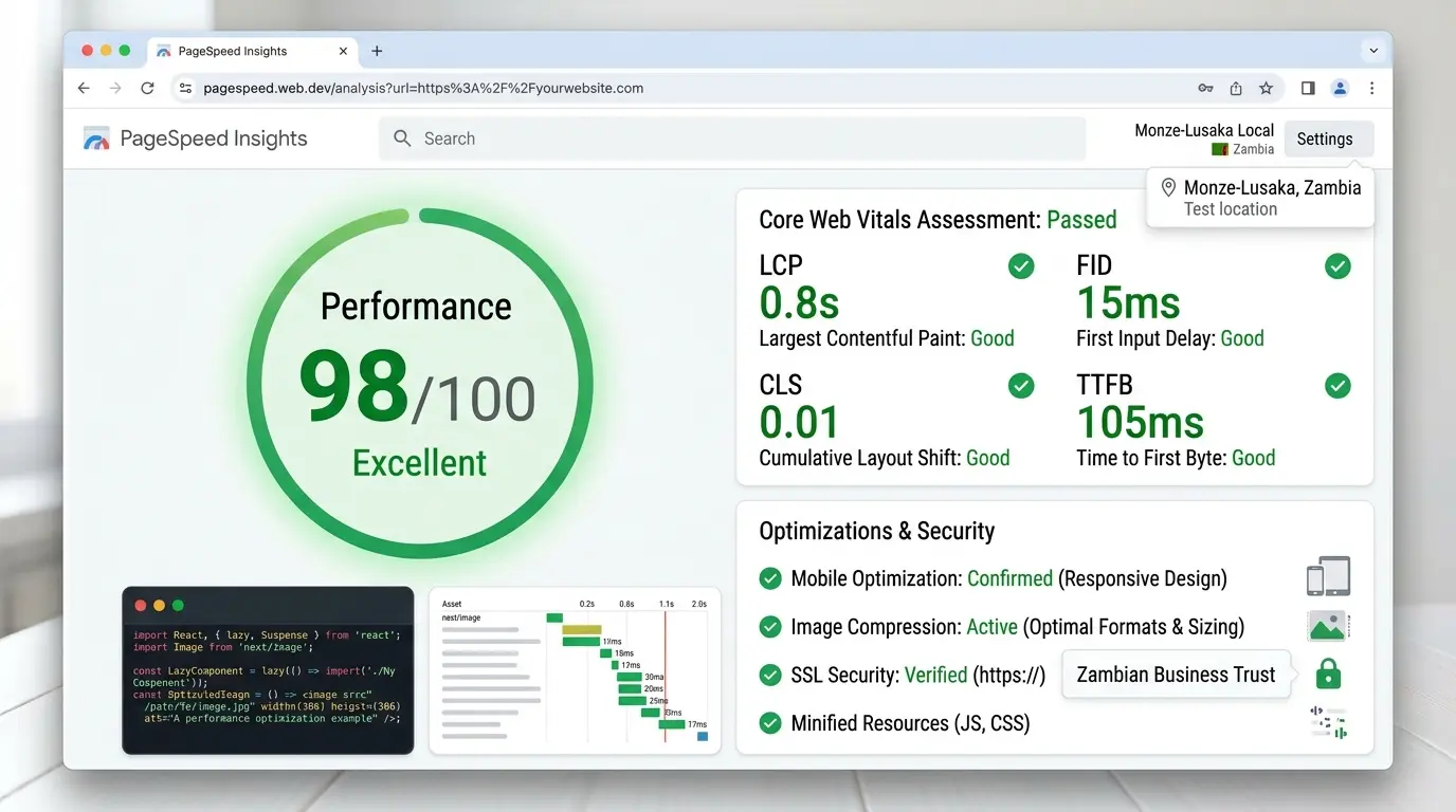 A high-tech dashboard graphic showing Google's "PageSpeed Insights" tool score displaying a green "98/100" performance rating, with checkmarks next to speed metrics like mobile optimization, image compression, and SSL security.