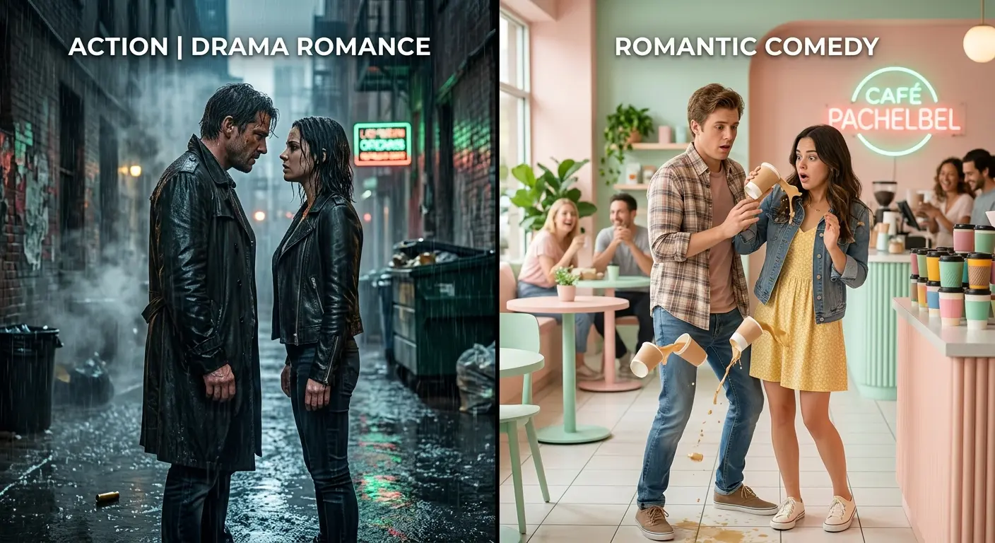A sleek split-screen film visual. On the left, two characters stand in a dark, atmospheric rain-soaked alley looking at each other intensely (Action/Drama romance). On the right, two characters bump into each other awkwardly in a bright pastel coffee shop, spilling paper cups everywhere (Romantic Comedy).