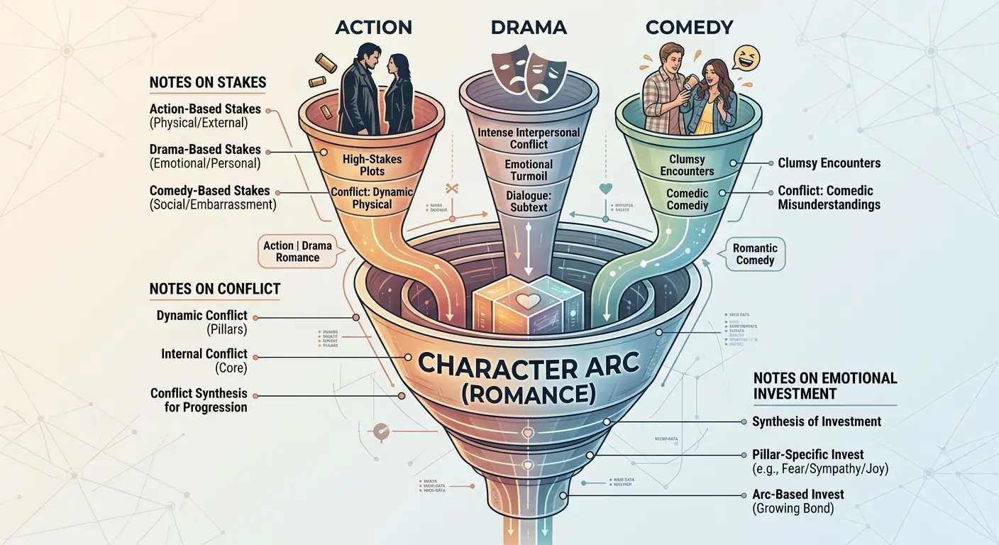 A film production breakdown diagram showing three primary genre pillars—Action, Drama, and Comedy—funneling into a central core labeled "Character Arc (Romance)," surrounded by notes on stakes, conflict, and emotional investment.
