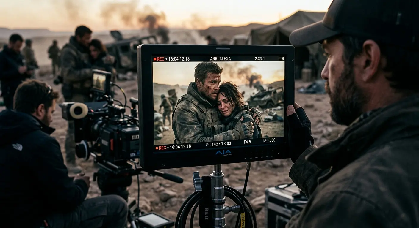 A cinematic shot of an action director's monitor displaying a intense scene where two lead actors in rugged gear share a quiet, emotional moment amidst a dusty, high-stakes set environment.