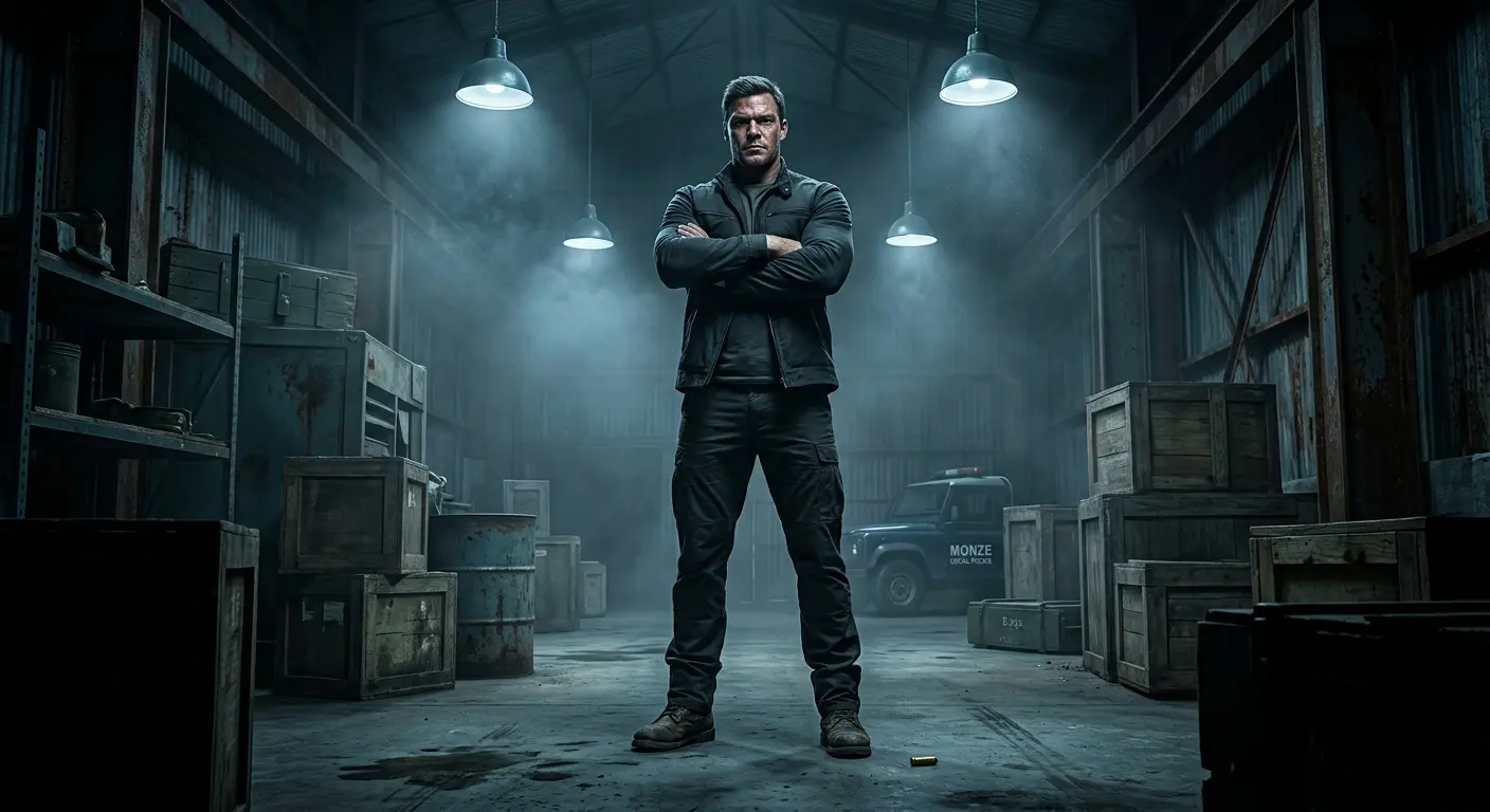 A dramatic action shot of Jack Reacher standing tall in a dimly lit warehouse, arms crossed with an intensely focused expression, surrounded by shadows and atmospheric fog under cool overhead lighting.