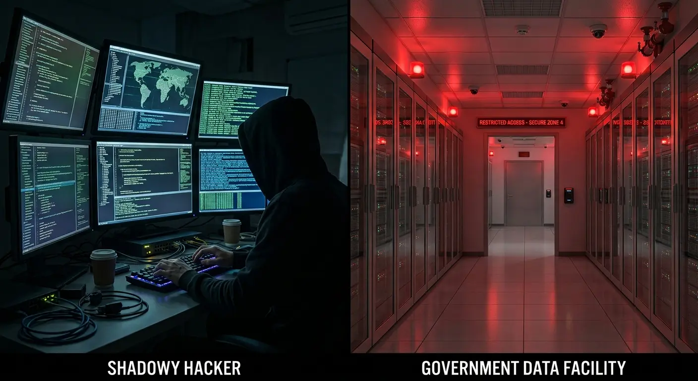 A split comparison visual. On the left, a shadowy hacker sitting in front of complex code on multiple monitors. On the right, a high-security government data facility corridor with soft red warning lights.