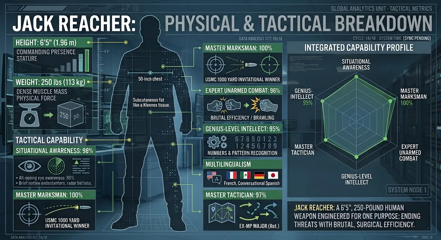 A high-contrast graphic breakdown illustration showing character stat callouts for Jack Reacher's physical height, weight, and tactical capability alongside an iconic silhouette of his character stance.