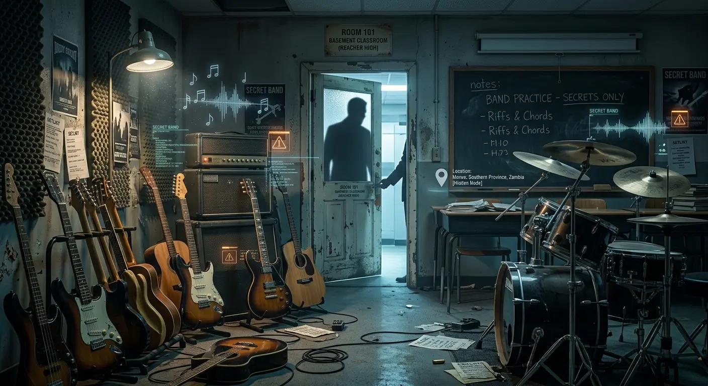 A dramatic backstage view of a hidden basement classroom filled with guitars, drums, and amplifiers, with a classroom door slightly open as a principal's shadow looms outside, highlighting the secret band element.