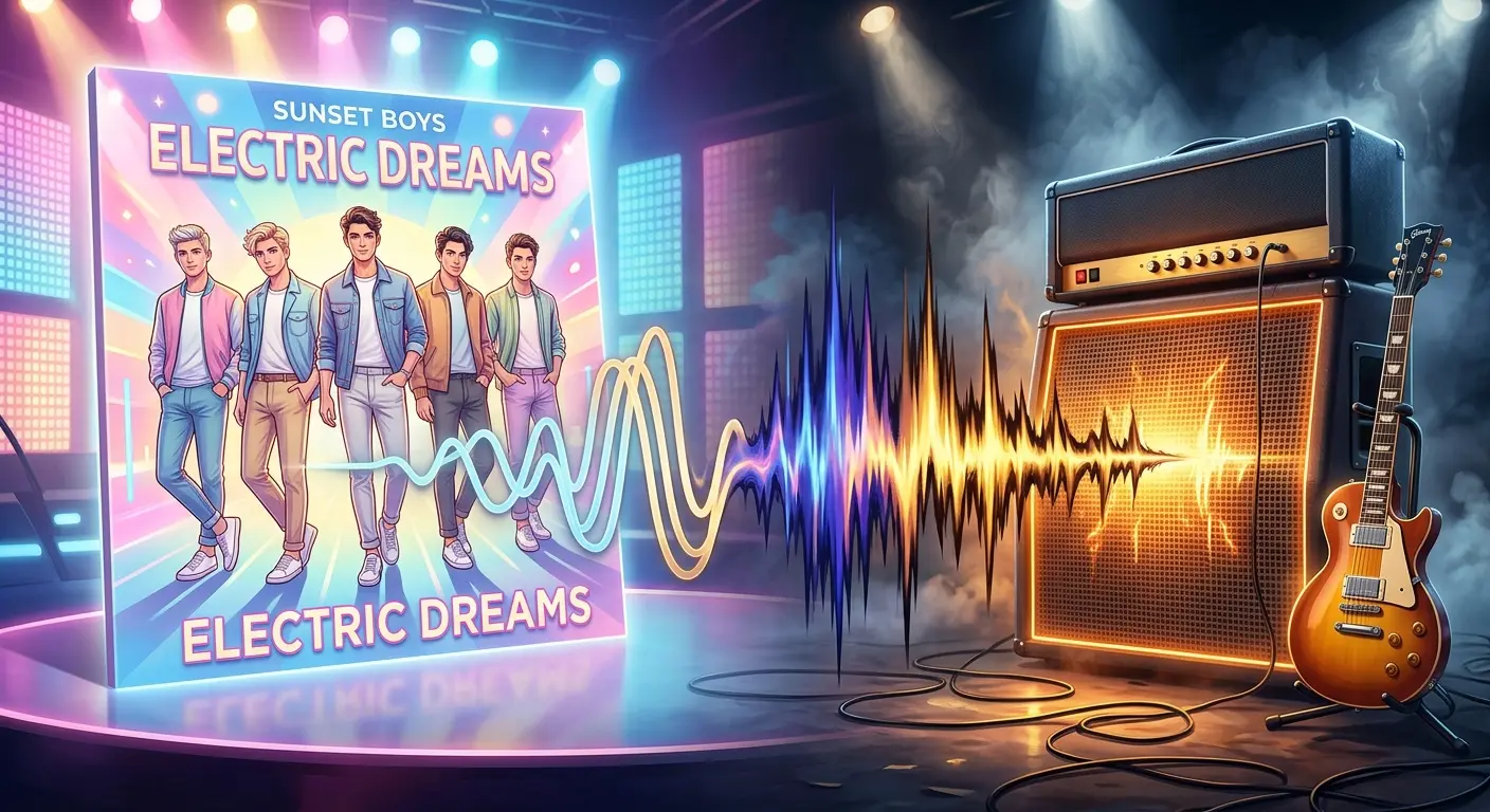 An artistic visual representation of a musical soundwave transitioning from a bright pop album cover into a glowing electric guitar amp, illustrating the contrast between pure boy-band pop and live rock performance.