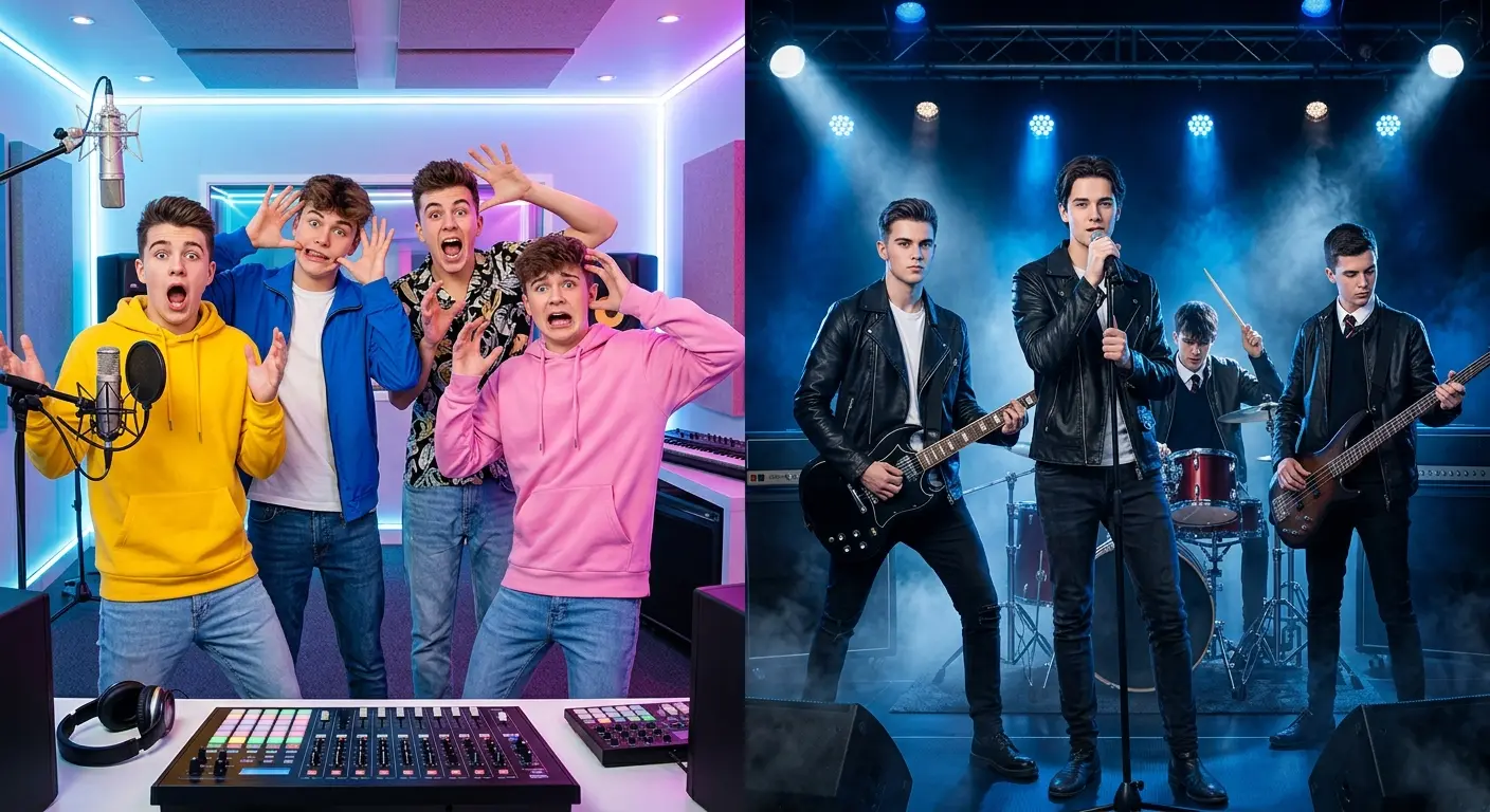A vibrant split-screen visual comparison. On the left, four energetic teenage boy band members in bright streetwear make wildly exaggerated, goofy expressions and shocked panic poses inside a shiny pop music recording studio with microphones and sound mixing boards. On the right, four cool, confident teenage rock musicians wearing sharp leather jackets and dark rock-and-roll school uniforms perform calmly under dramatic blue concert stage spotlights with electric guitars and a drum kit.