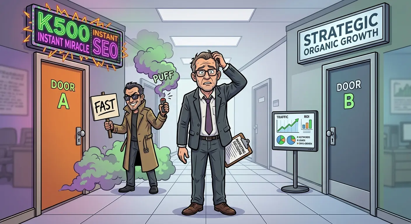 A humorous vector illustration of a business owner standing between two doors. Door A has a neon sign saying "K500 Instant Miracle SEO" guarded by a guy holding a smoke bomb. Door B has a professional sign saying "Strategic Organic Growth" with a clear analytical dashboard.