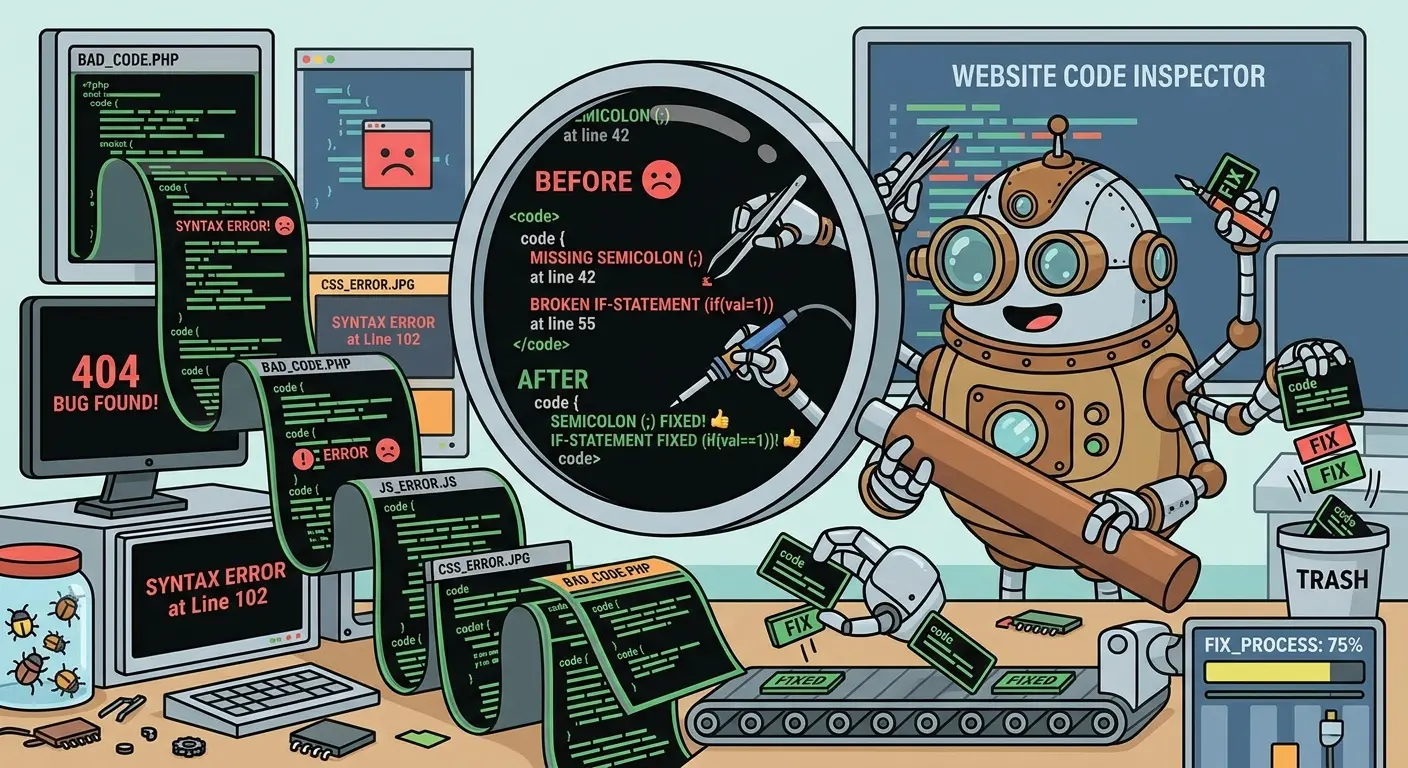 A humorous vector illustration of a robot inspector holding a magnifying glass over a website codebase, finding errors and fixing them one by one.