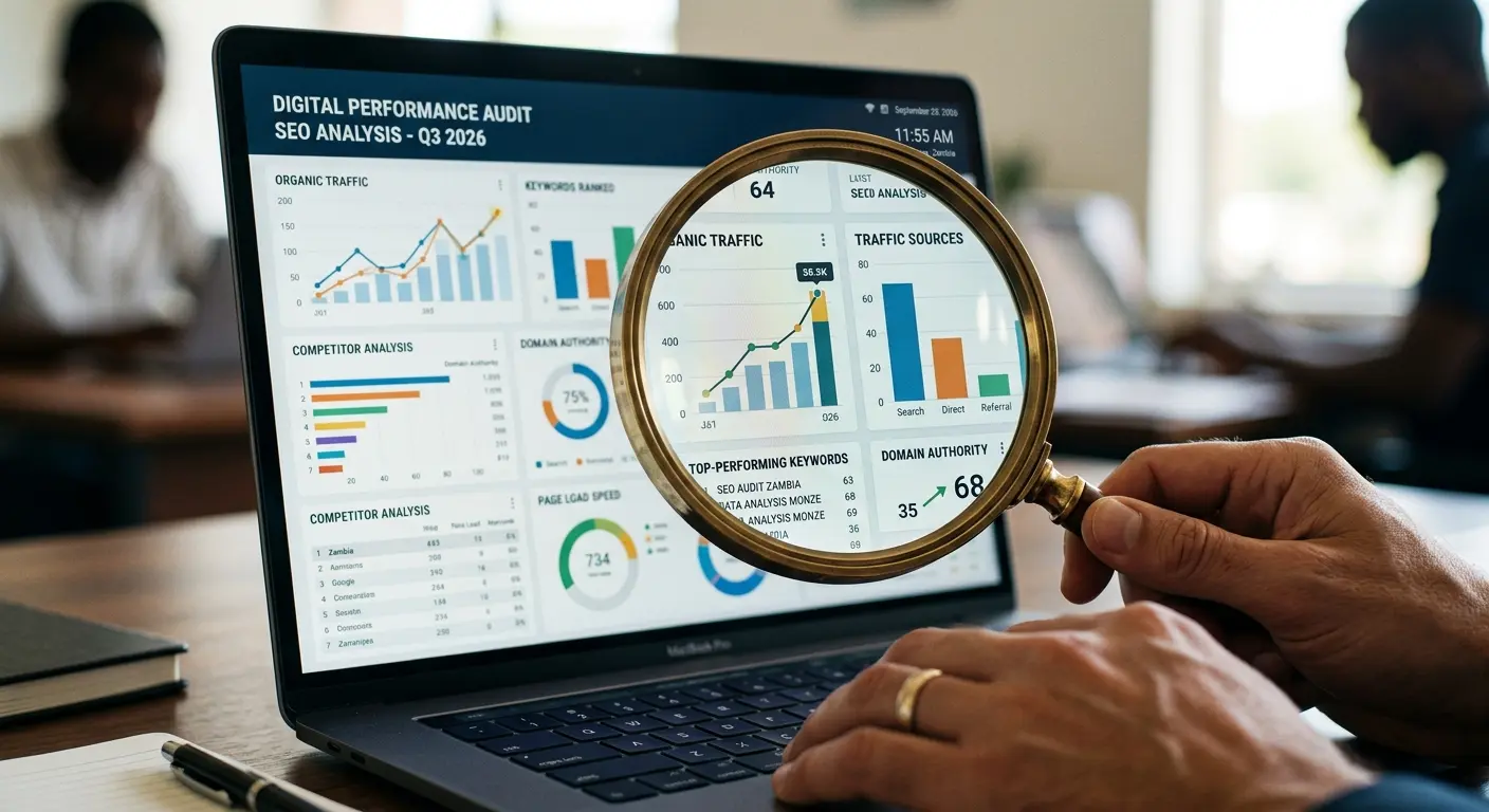 A close-up of a magnifying glass inspecting a digital chart, symbolizing a detailed SEO audit and data analysis.
