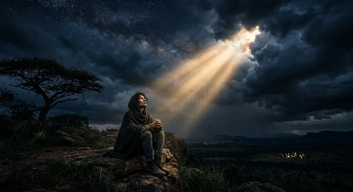 A poignant, dramatic visual showing a lone figure sitting under a vast, dark, starry night sky, looking upward toward a gentle beam of warm gold light breaking through heavy storm clouds, symbolizing a soul seeking divine answers amid doubt.