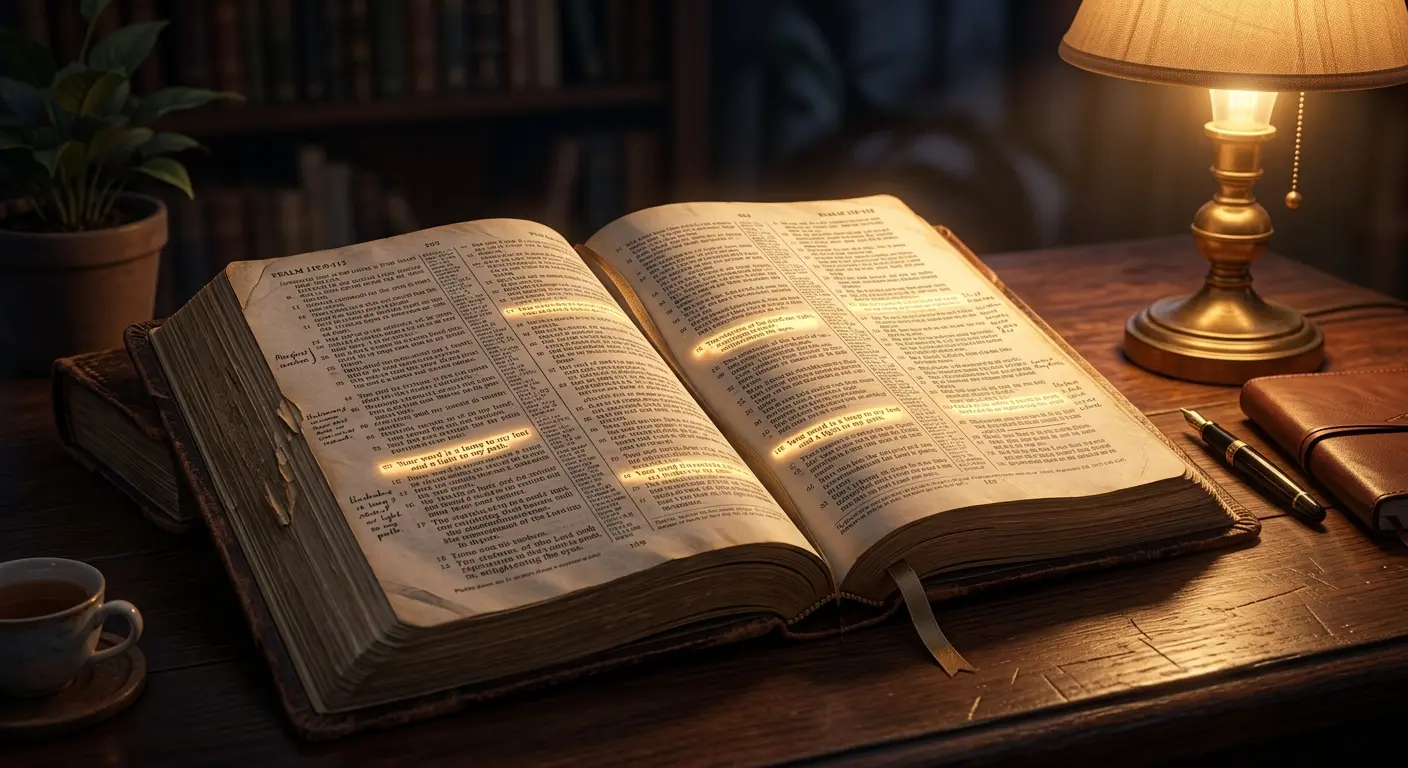 A detailed close-up illustration of an open, well-studied Holy Bible with glowing highlights on verses, resting on an oak table next to a warm desk lamp, symbolizing truth and spiritual stability.