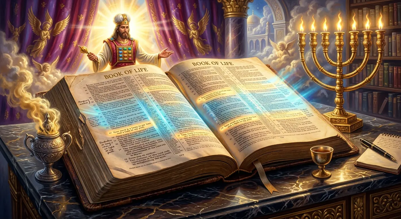 A majestic symbolic artwork depicting the Heavenly Sanctuary with golden light beaming from behind the veil, with an open Book of Life surrounded by heavenly glow, representing Christ's high priestly intercession and judgment.