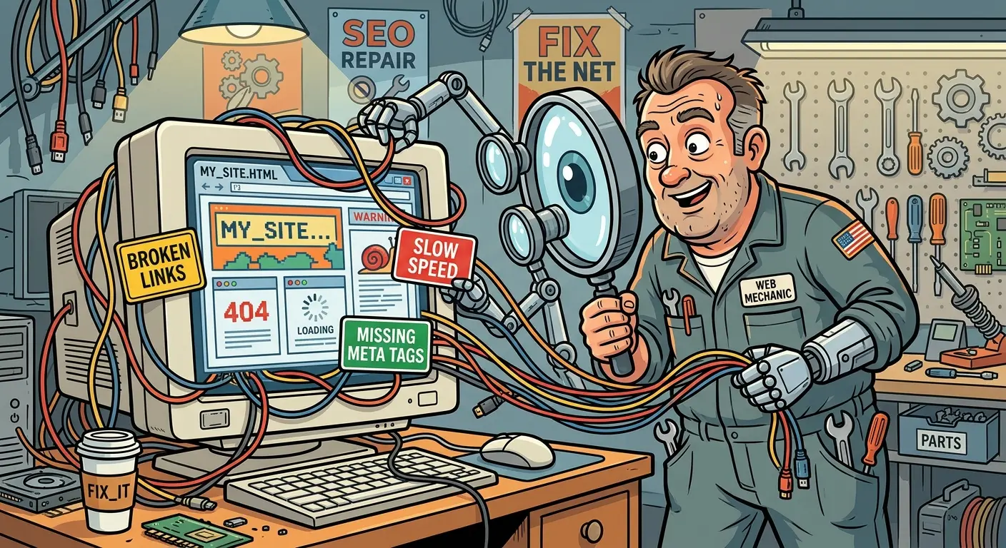 A humorous vector illustration of a mechanic holding a massive magnifying glass over a computer screen, pulling out tangled wires and warning signs labeled "Broken Links," "Slow Speed," and "Missing Meta Tags."