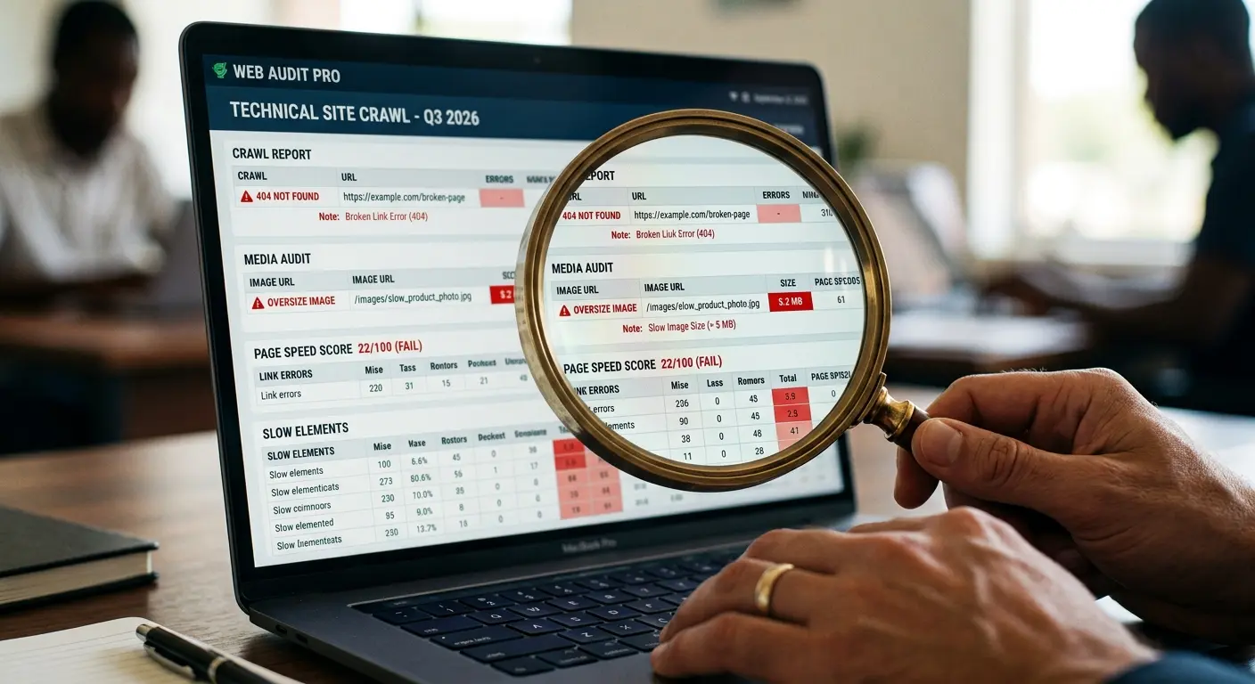 A close-up of a laptop screen running a technical audit tool, showing red error alerts next to broken links and slow image sizes.