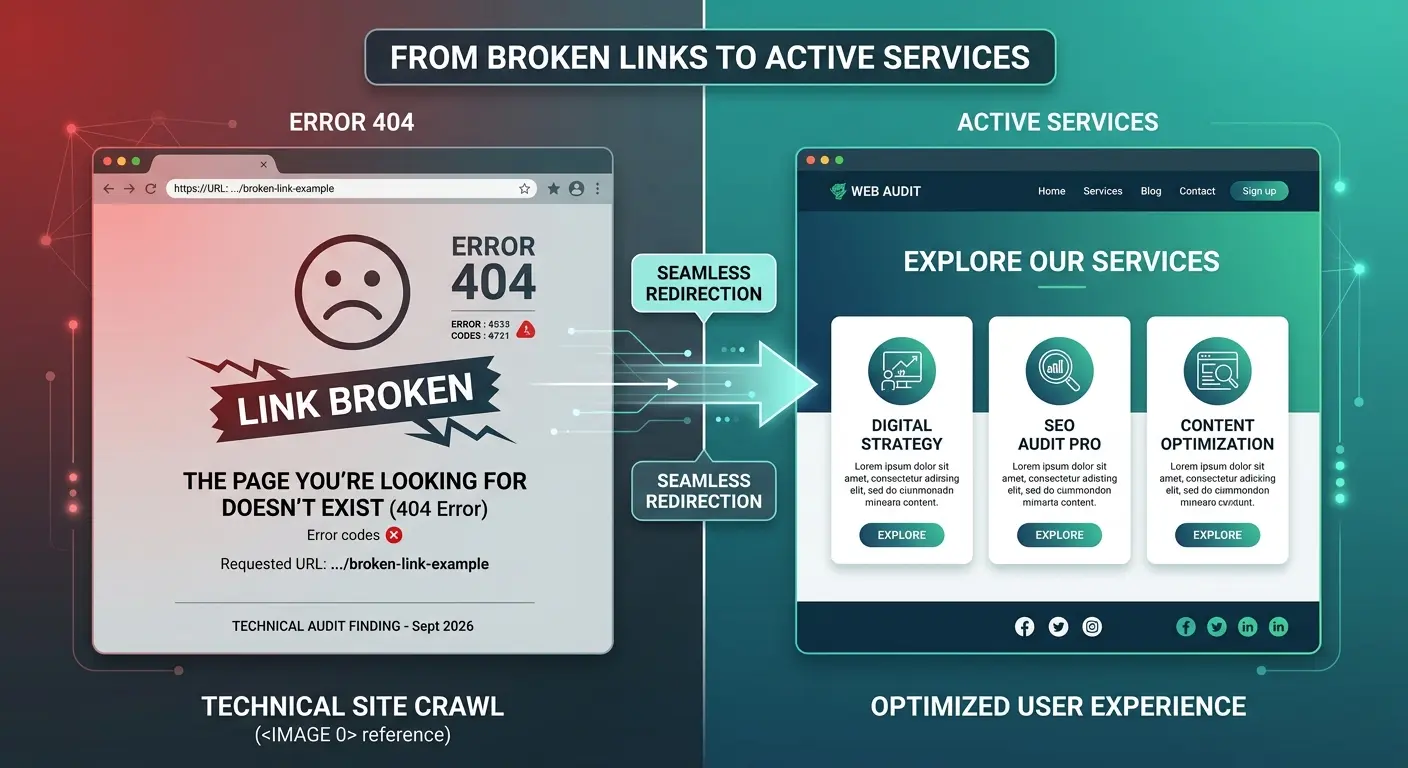 A split-screen graphic showing a broken link error page on the left, contrasted with a smooth redirection to a clean, active services page on the right.