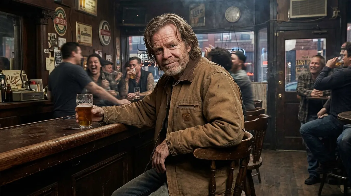 A classic, gritty Chicago South Side bar scene inside the Alibi Room. Frank Gallagher sits at his worn wooden stool, holding a pint of beer with a crooked, triumphant smirk on his face, wearing his signature distressed canvas jacket while chaotic pub life buzzes softly in the background.