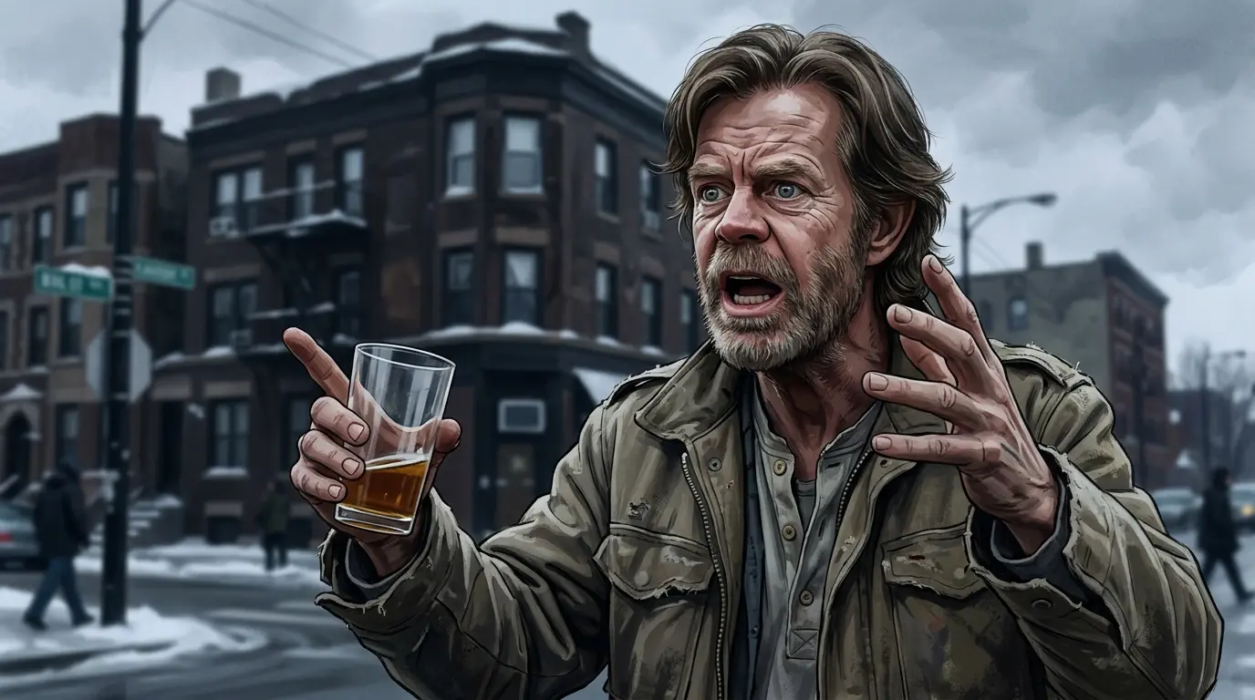 A dramatic close-up illustration of Frank Gallagher mid-monologue on a street corner, gesturing wildly with a half-empty glass in one hand, dark Chicago brownstone apartments blurred in the background under cold winter overcast lighting.