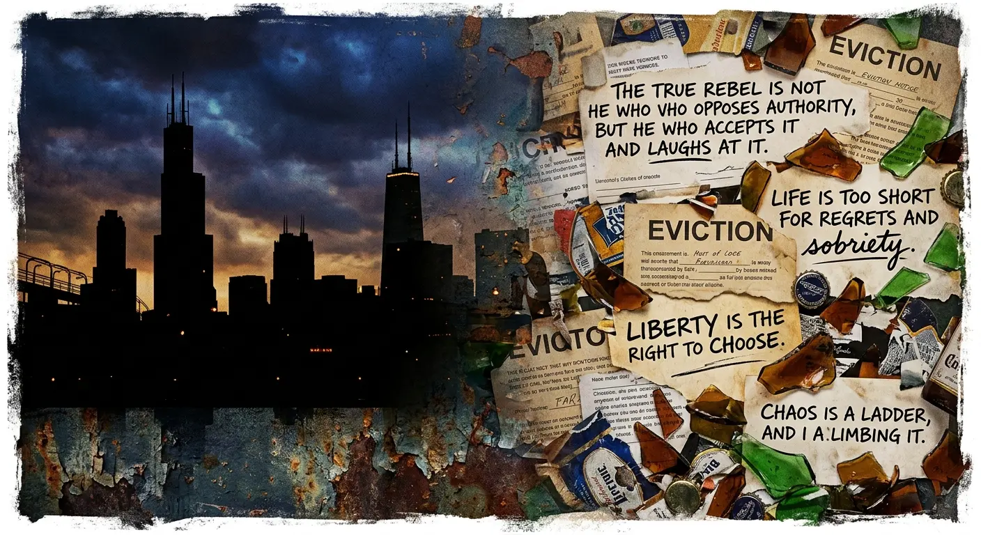 An artistic split-graphic visual showing a silhouette of the Chicago skyline blended with an abstract collage of eviction notices, beer bottles, and handwritten philosophical quotes, symbolizing the chaotic, free-spirited life of the Gallagher patriarch.