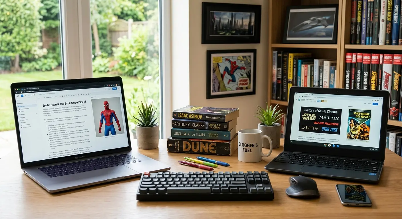 A desk setup with two open laptops displaying a blog post draft about Spider-Man and sci-Fi cinema, surrounded by science fiction novels, a Spider-Man poster, and a coffee mug.