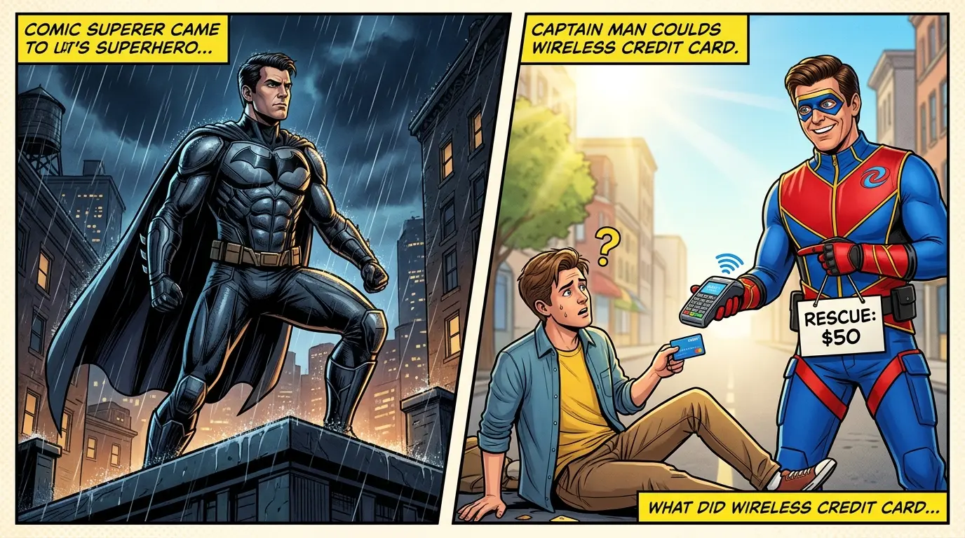 A split-panel comic illustration comparing a dark, serious superhero standing on a rainy NYC rooftop against a bright scene of Captain Man holding out a wireless card reader to a civilian.