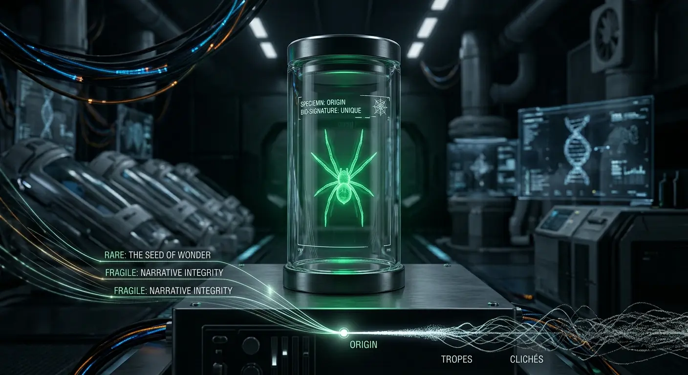 A sleek concept graphic showing a single green spider glowing inside a sterile glass vial in a dark research facility, representing the rare, fragile nature of a true sci-fi origin story before narrative tropes ruin it.