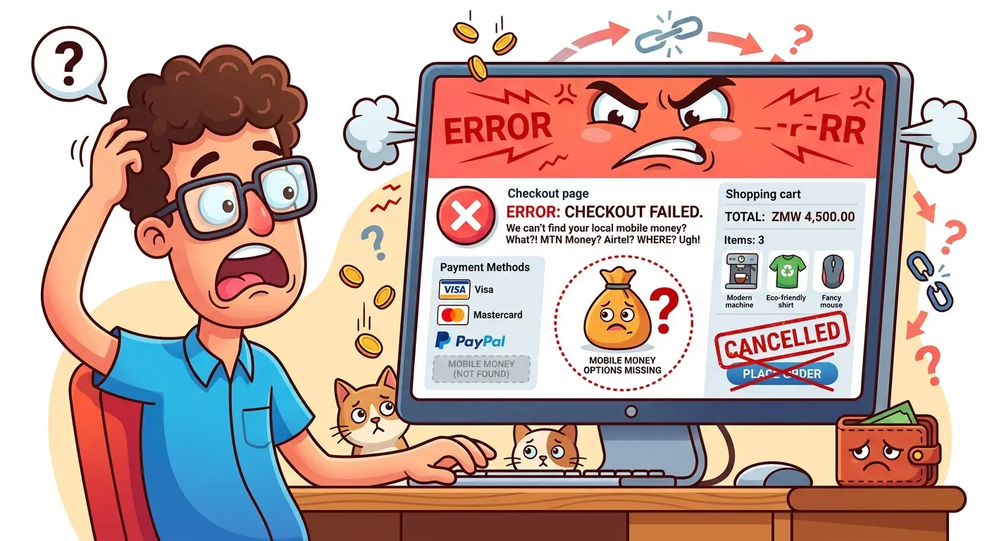 A humorous vector illustration of an online shopper staring at a frustrated computer screen showing a checkout error message because local mobile money options are missing.