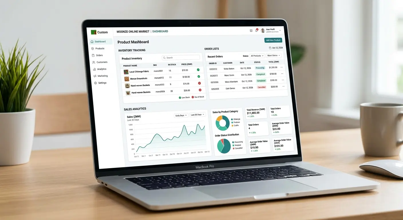A clean UI screenshot of a WooCommerce product management dashboard on a laptop, showing inventory tracking, order lists, and sales analytics.