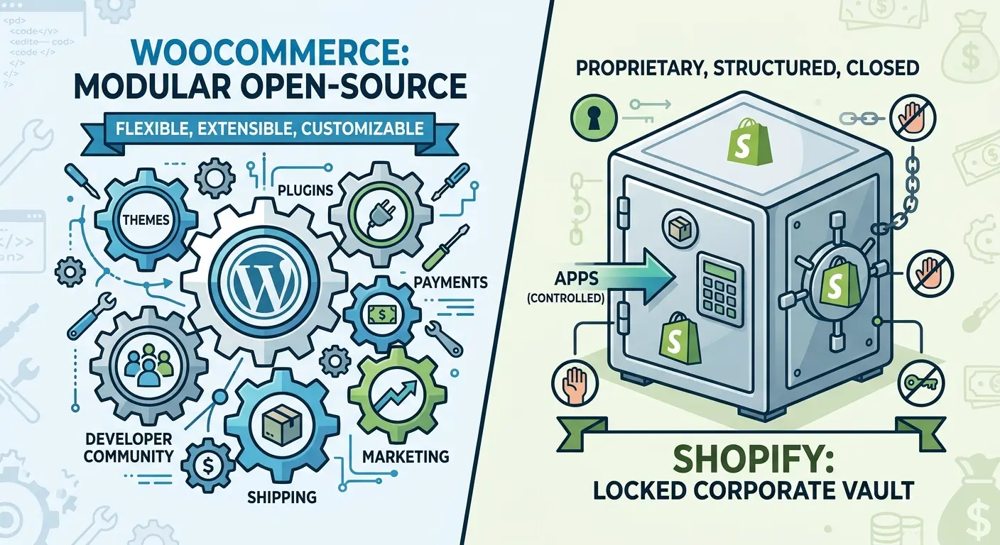 A stylized vector graphic showing a comparison between a modular open-source gear system (WooCommerce) and a locked corporate vault box (Shopify).