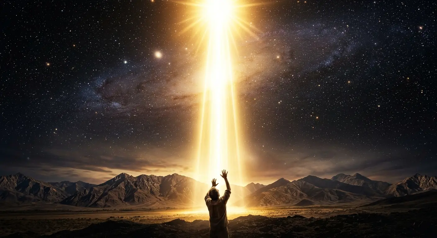 A majestic, high-contrast visual representation of creation. A radiant, unapproachable golden-white light beams down from a starry cosmic background onto the earth below, where the hands of a human figure reach upward in reverence, emphasizing the infinite spiritual nature of God above human biology.
