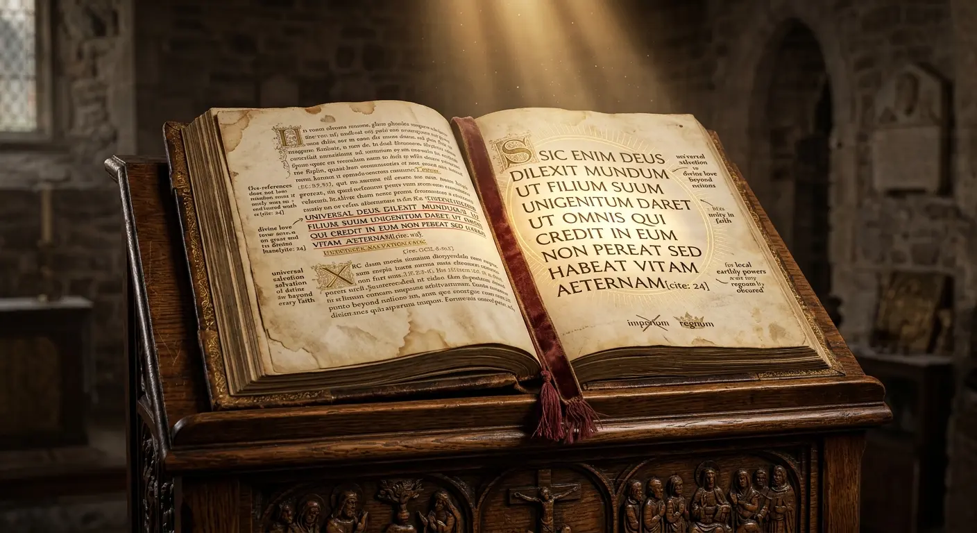 An open ancient Bible resting on a dark wooden podium, illuminated by a warm beam of light highlighting the text of John 3:16, emphasizing universal salvation over human political divisions.