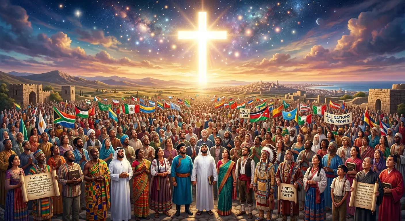 A vibrant, diverse crowd of people from every tribe, nation, and ethnic background standing together in harmony, looking upward towards a glowing cross in the sky, illustrating Revelation 7:9.