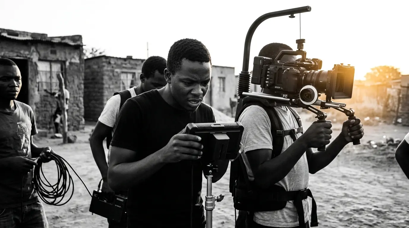 A high-contrast behind-the-scenes shot of a passionate young Zambian film crew operating on a rustic outdoor set in Lusaka. A director looks intensely at a portable monitor while a camera operator controls a rig under warm sunset light.