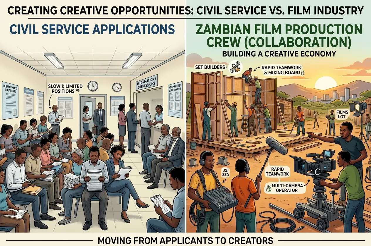 A dual-concept infographic. The left side depicts a crowded waiting room labeled "Civil Service Applications." The right side shows a vibrant, multi-disciplinary film production crew featuring set builders, sound engineers, and camera operators working together.