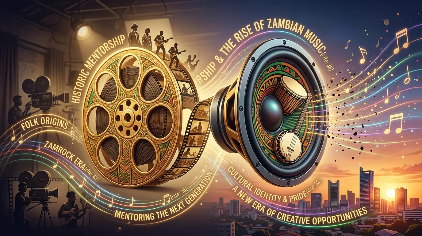An artistic concept illustration showing a golden film reel transforming into a booming sound speaker, with subtle glowing text symbolizing the historic mentorship and cultural rise of Zambian music.