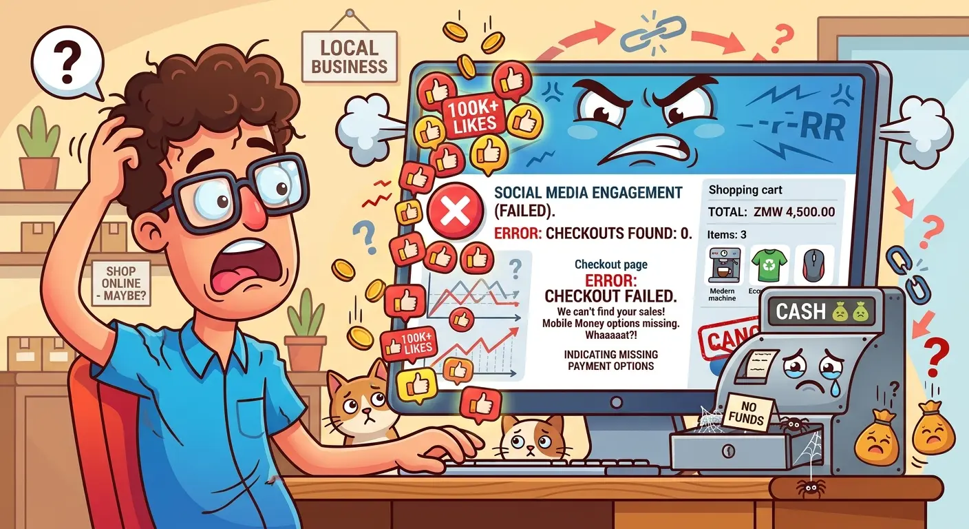 A humorous vector illustration of a business owner looking confused at a computer screen showing thousands of random "likes" while an empty cash register sits next to them.
