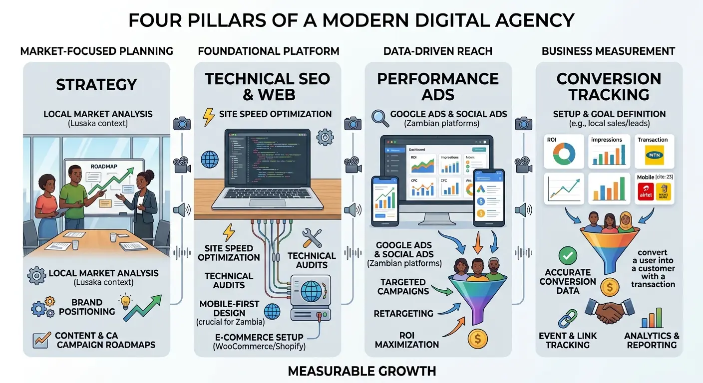 A clean infographic showing the four pillars of a modern digital agency: Strategy, Technical SEO/Web, Performance Ads, and Conversion Tracking.