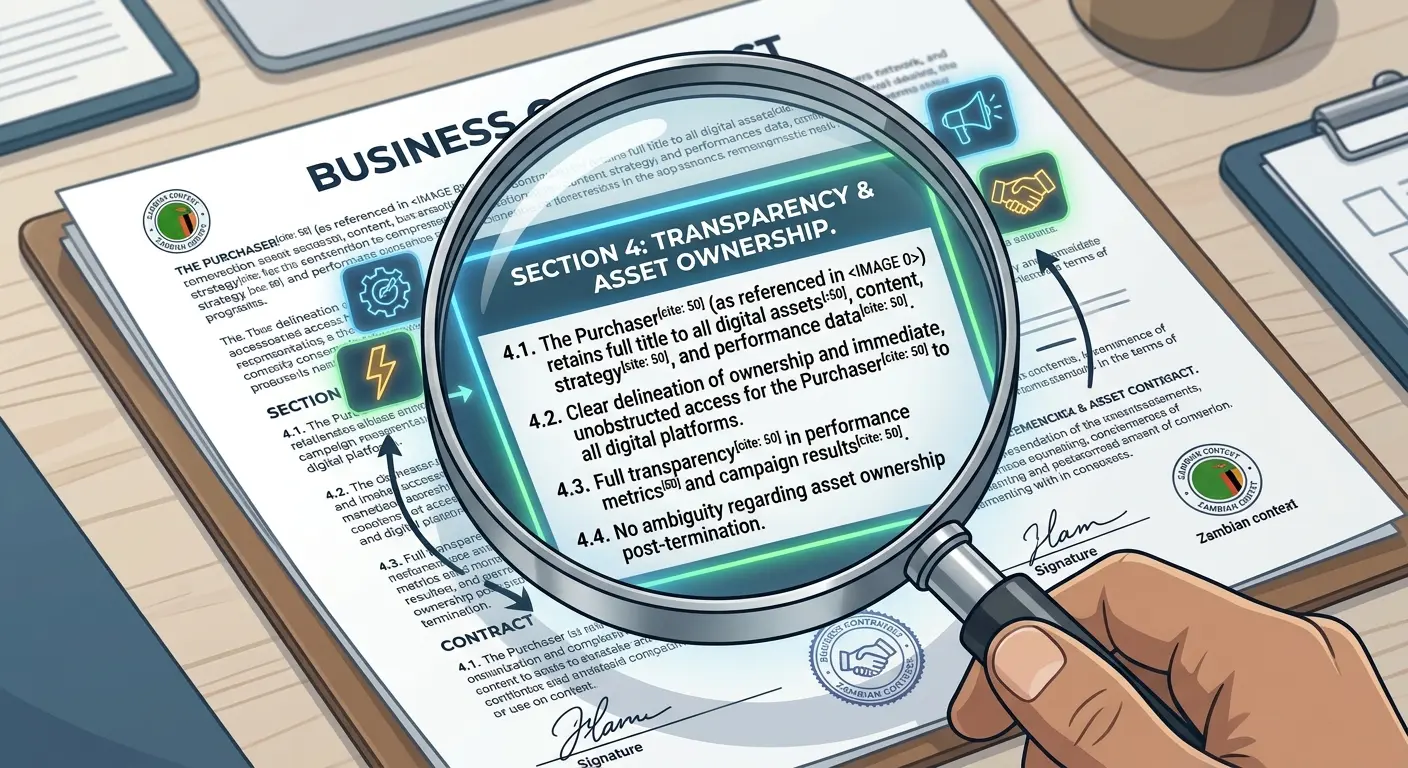 A close-up vector graphic of a business contract being examined with a magnifying glass, highlighting transparency and asset ownership.