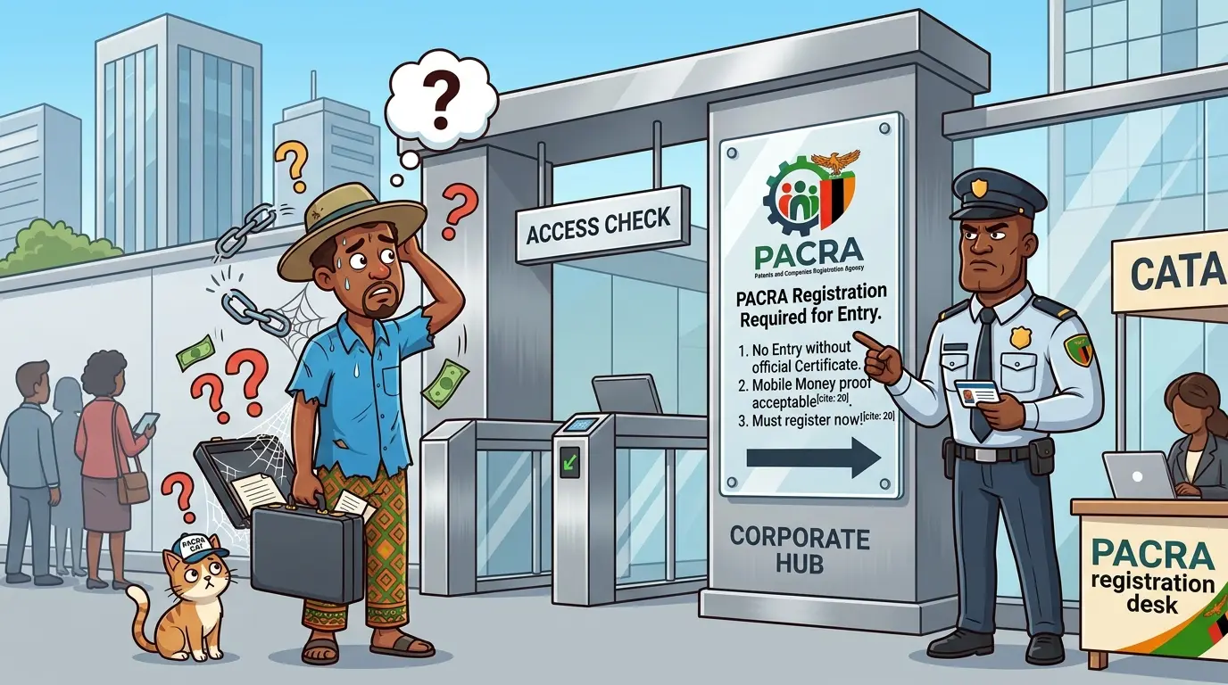 A humorous vector illustration of a business owner standing at a tall corporate gateway, looking at a security guard who points to a sign reading "PACRA Registration Required for Entry.