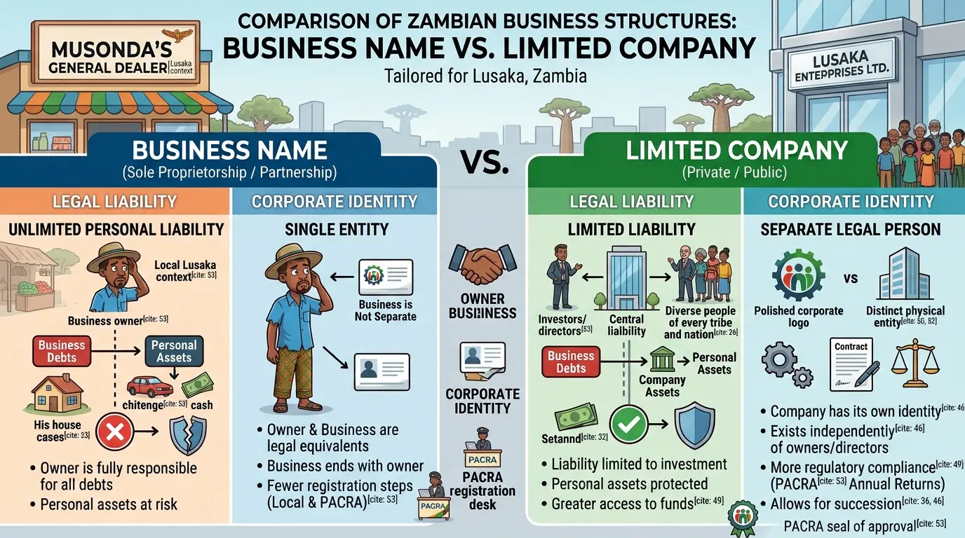 A clean comparison infographic showing the structural differences between a Business Name and a Limited Company regarding legal liability and corporate identity.