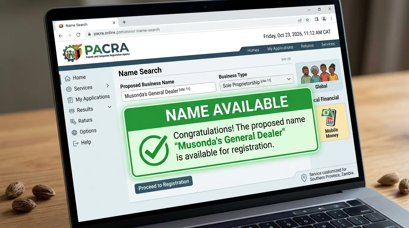 A close-up screenshot of a laptop displaying the PACRA portal name-search interface showing a green "Name Available" confirmation message.