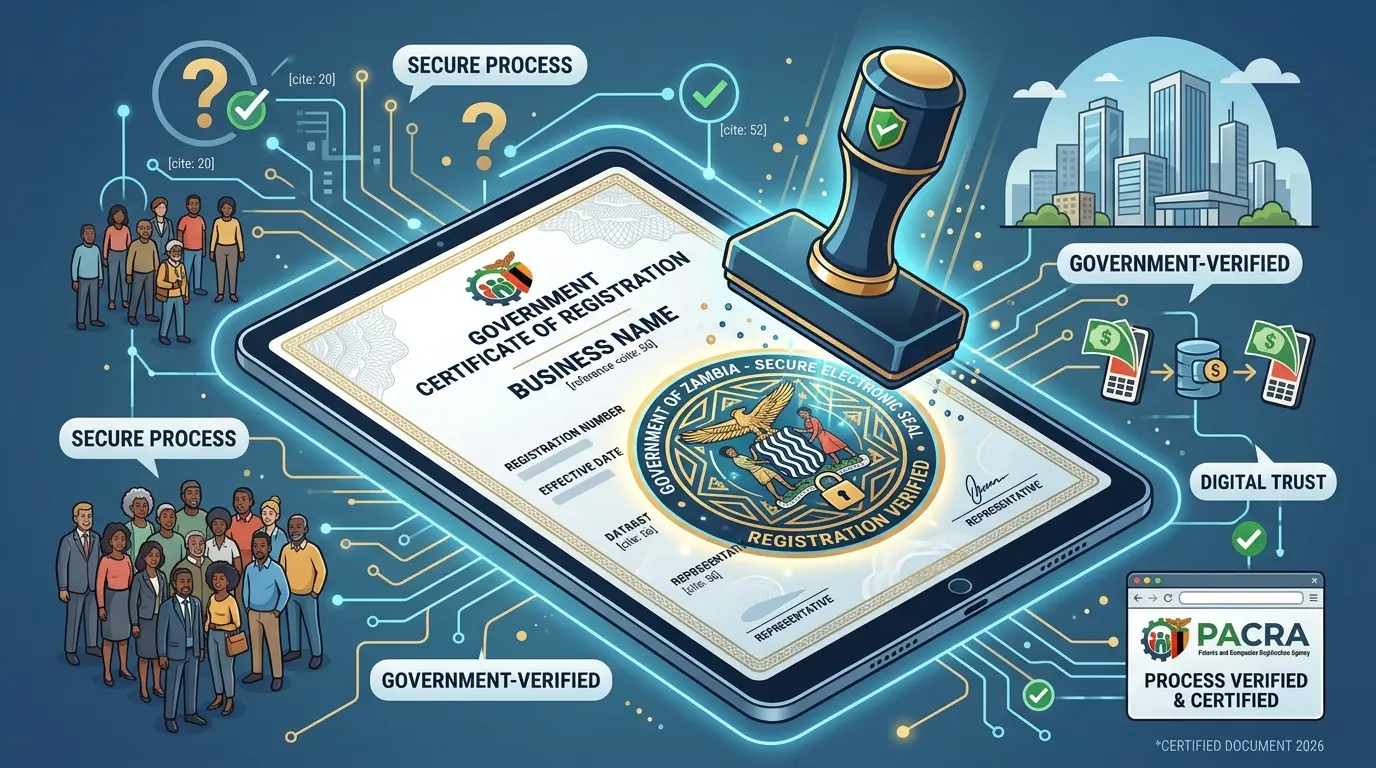 A stylized vector graphic of a digital document being stamped with a secure electronic government seal.