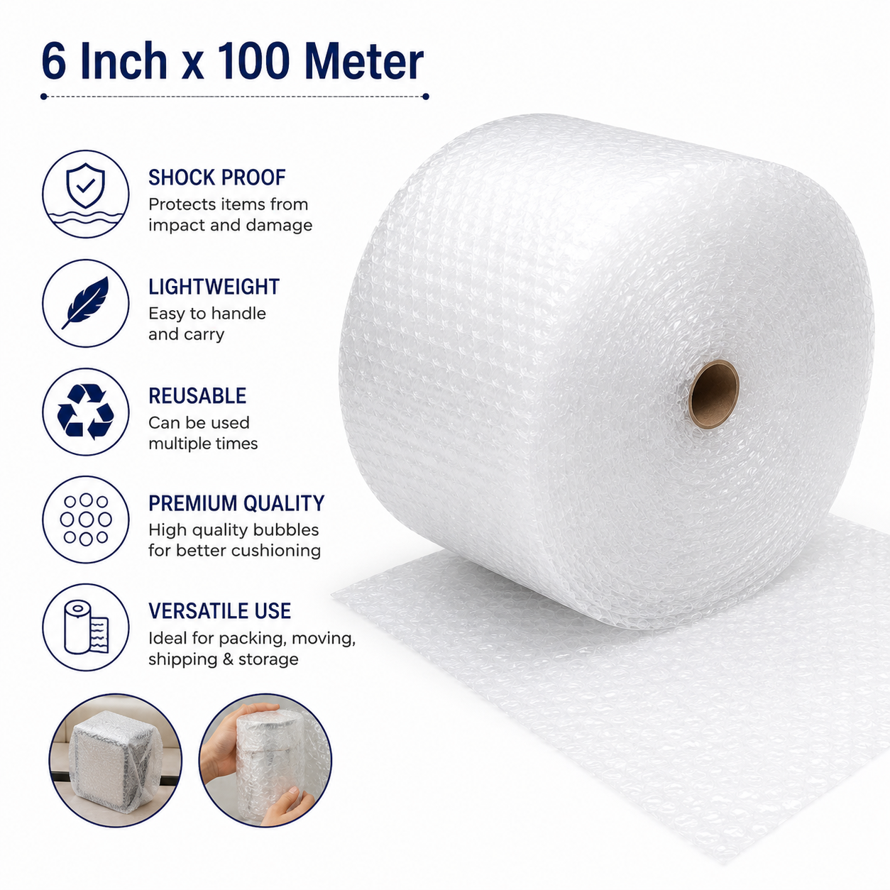Bubble Wrap Roll 6 inch width x 100 meter length.  thumbnail 2, dark luxury skincare photography